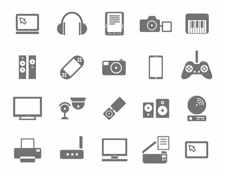 Icons, photo & video equipment, audio equipment, monochrome, white background. 