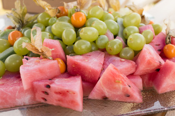 grapes, watermelon, physalis, kiwi