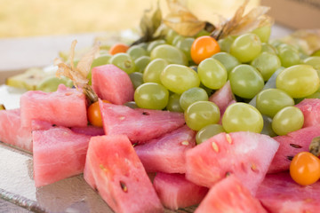 grapes, watermelon, physalis, kiwi