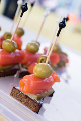 appetizer on skewers with red fish