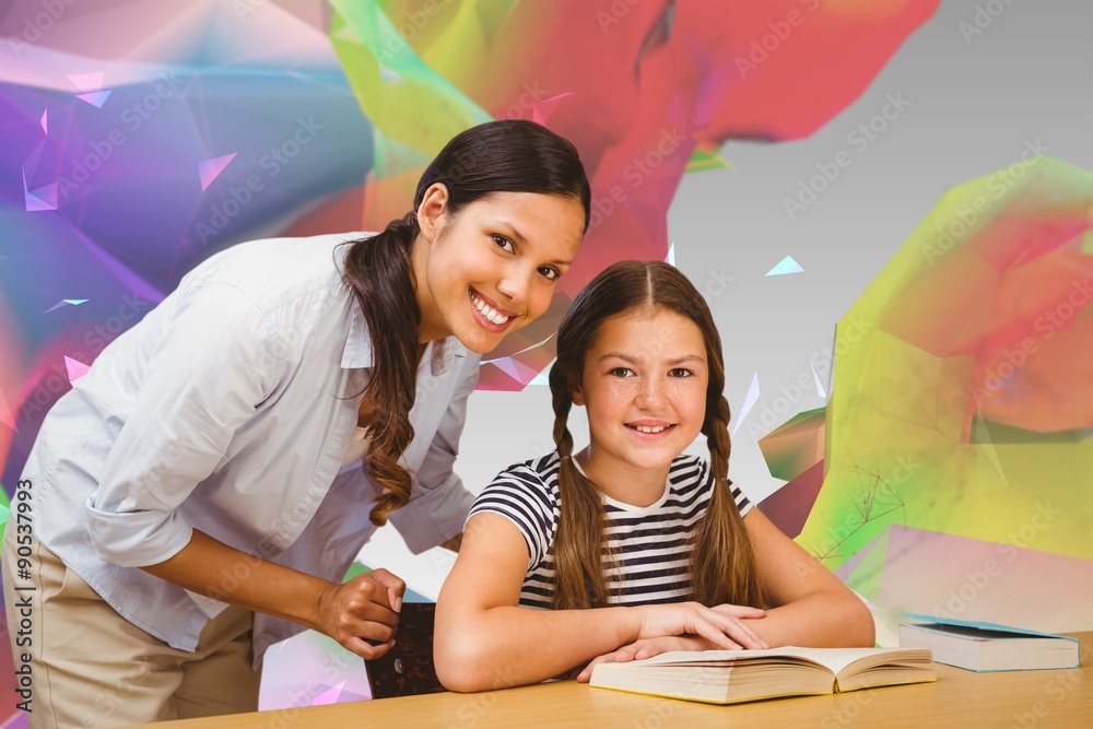 Poster Composite image of female teacher and little girl in library