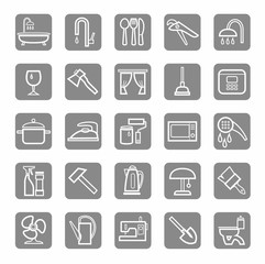 Icons, household goods, appliances, plumbing, white outline, grey background. 