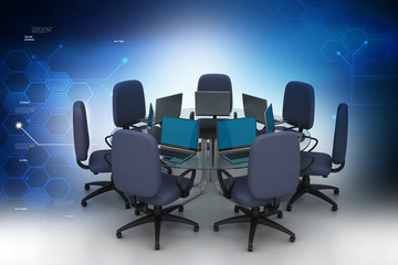 Fototapeta na wymiar Conference table with laptops in color background