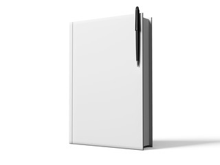 Black pen on white open book, on white background.