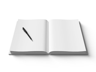 Black pen on white open book, on white background.