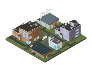 Isometric Industrial Cityscape icon illustration.
A vector illustration of a commercial industrial estate - busy urban factory and warehouse complex.