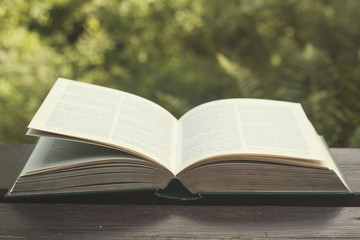 old book opened on a garden table, green background