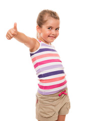 Beautiful little girl standing on white and showing OK sign