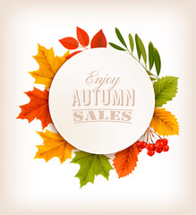 Obraz premium Autumn Sales Banner With Colorful Leaves. Vector.