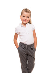 Fototapeta premium cheerful little girl wearing white t-shirt and pants isolated on