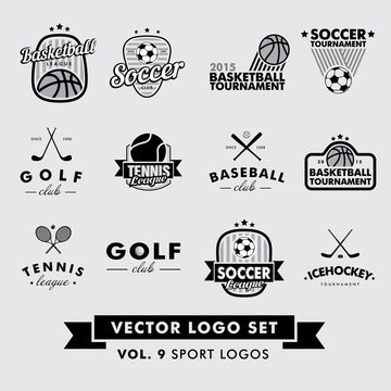 Retro Vintage Hipster Sport Vector Logo Set. Baseball, tennis, soccer, football, golf, icehockey, basketball.