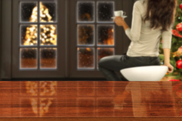 wooden desk space and xmas tree 