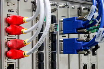 Lan cable plug in Ethernet device rack