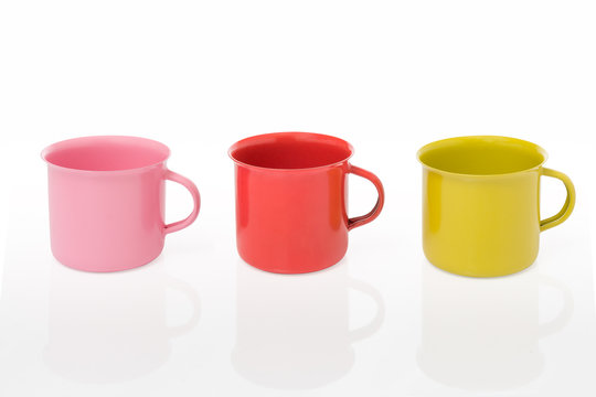 Three pieces of metal mug coating color include path on a white