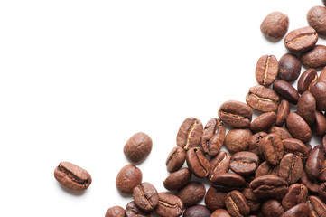 corner decoration of coffee beans on white background