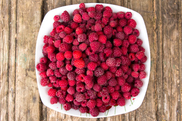 Plate of fresh red raspberry.