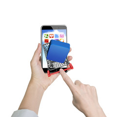 Female forefinger pushing shopping cart with app button on smart