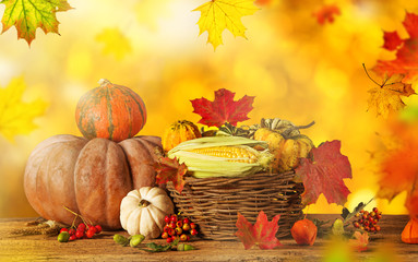 Autumn background with pumpkins, close up. - obrazy, fototapety, plakaty