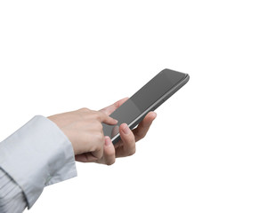 Woman hand holding smartphone finger touching black screen