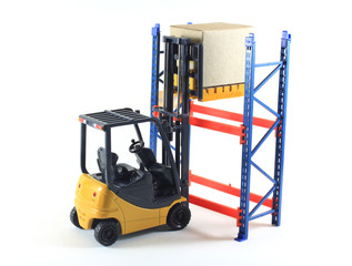 Accident of Electrical forklift and rack isolated on a white bac