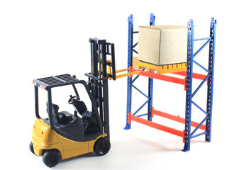 Accident of Electrical forklift and rack isolated on a white bac