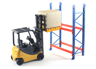 Accident of Electrical forklift and rack isolated on a white bac