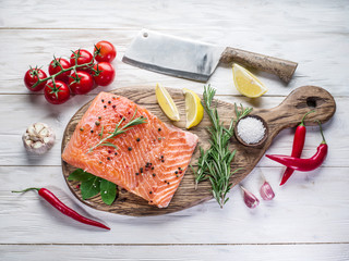 Fresh salmon on the cutting board.