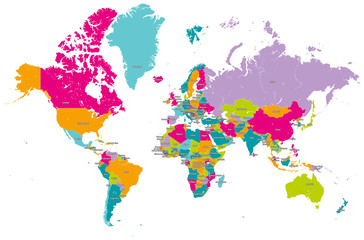 Naklejka na ściany i meble Weltkarte Landkarte mit Länder und Kontinente