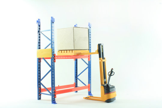 Accident Of Electrical Forklift And Rack Isolated On A White Bac