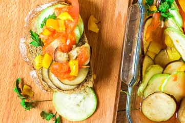 Appetizer toast with vegetables ratatouille