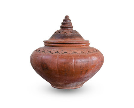 Thailand traditional clay jar used for water drink on white background