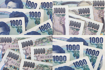 Collage set banknotes of Japanese currency yen