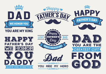 Happy Father's Day Badge Logo Vector Element Set In Retro Blue Tone
