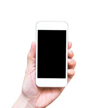 Hand holding smart phone isolated on white background,Mock up fo