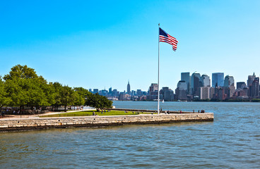 U.S.A., New York,Manhattan,the skyline of the city seen from the ferry to Liberty island