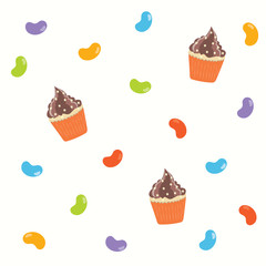Cute cupcake and candy seamless background.