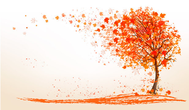 Autumn Background With A Tree And Golden Leaves. Vector.