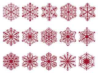 Red glittery textured snowflakes designs isolated on white. Easy to remove.
