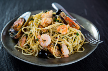 Italian pasta with sea fruit.