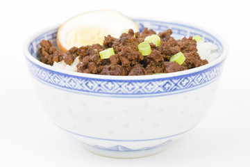 Lu Rou Fan (Taiwanese Braised Pork Rice Bowl) - Ground pork marinated and boiled in soy sauce served on top of steamed rice.
