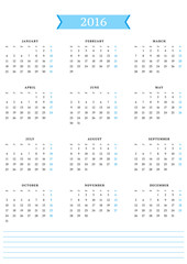 Calendar for 2016 Year. Vector Design Print Template. Week Starts Monday. Portrait Orientation