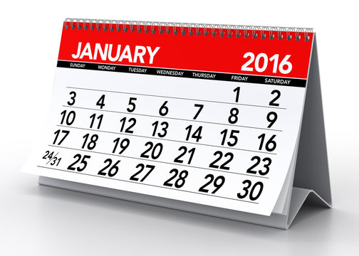 January 2016 Calendar. Isolated on White Background. 3D Renderin