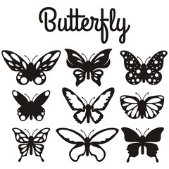 Set of bright abstract silhouette butterflies isolated on white background