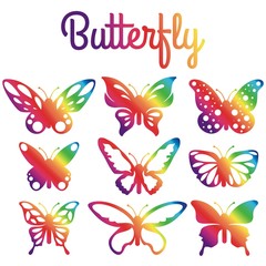 Set of bright abstract rainbow butterflies in stained glass style, isolated on white background