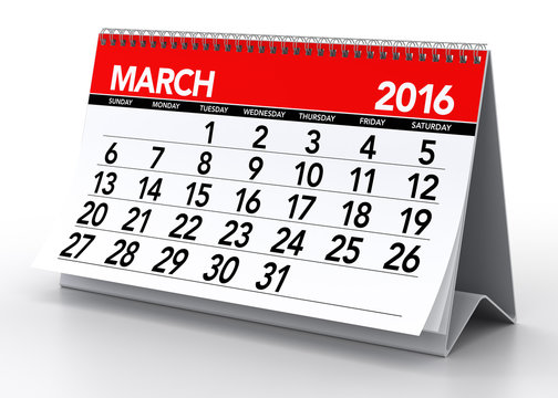 March 2016 Calendar. Isolated on White Background. 3D Rendering
