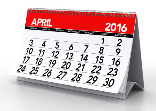 April 2016 Calendar. Isolated on White Background. 3D Rendering