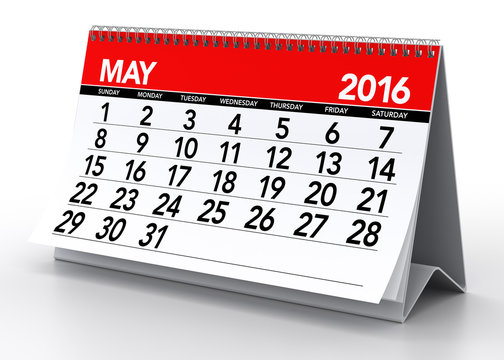 May 2016 Calendar. Isolated on White Background. 3D Rendering