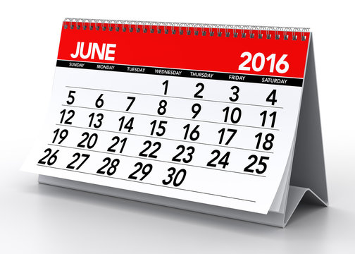 June 2016 Calendar. Isolated on White Background. 3D Rendering