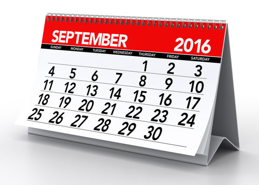 September 2016 Calendar. Isolated on White Background. 3D Render