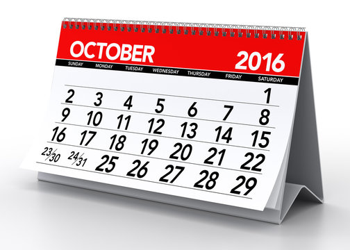 October 2016 Calendar. Isolated on White Background. 3D Renderin